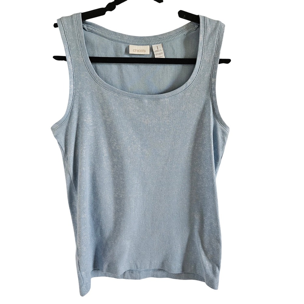 Chico's Blue Silver Metallic Ribbed Tank Top Scoop Neck Sleeveless Size  M